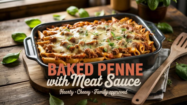 Baked Penne with Meat Sauce 🍝🧀🥩🔥 Hearty, Cheesy, and Oven-Finished for Golden Edges and Saucy Layers