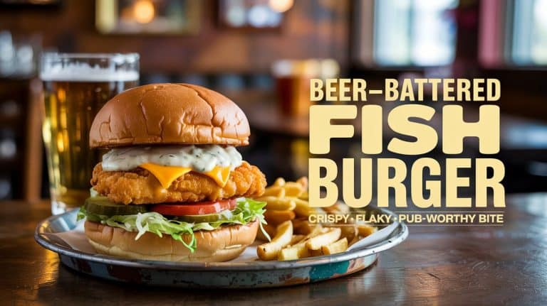 Beer-Battered Fish Burger 🐟🍺 Crispy Golden Fish, Malty Beer Batter, and Creamy Sauce Between Toasted Buns