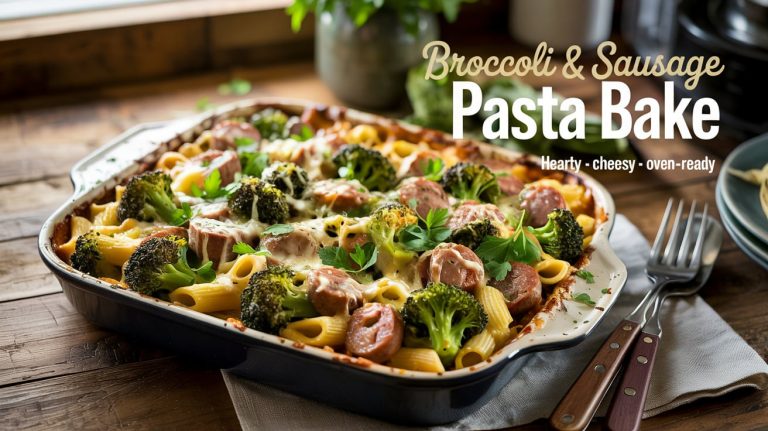 Broccoli & Sausage Pasta Bake 🥦🥩🧀🔥 Hearty, Cheesy, and Oven-Baked With Garlicky Sausage and Roasted Greens