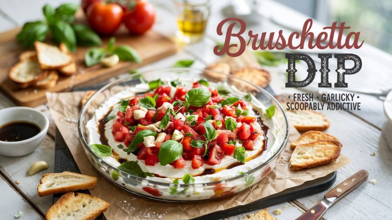 Bruschetta Dip 🍅🧄🧀🌿 Fresh, Garlicky, and Scoopable With Juicy Tomatoes, Basil, and Creamy Layers