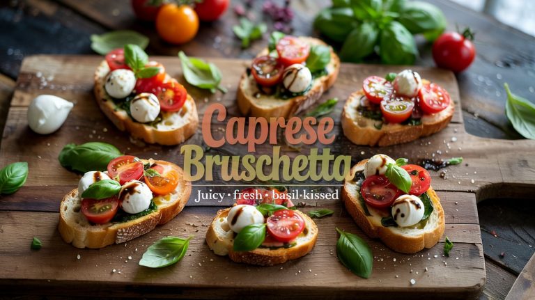 Caprese Bruschetta 🍅🧀🌿🥖 Juicy, Creamy, and Fresh With Tomato, Mozzarella, and Basil on Crisp Toasted Bread