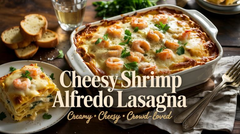 Cheesy Shrimp Alfredo Lasagna 🦐🧄🧀 Buttery Garlic Shrimp, Creamy Alfredo, and Layers of Melty Cheese in a Comfort-Loaded Pasta Bake