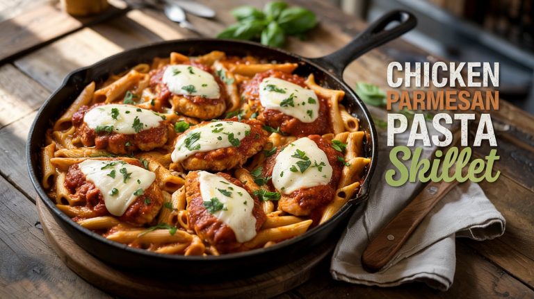 Chicken Parmesan Pasta Skillet 🍗🧀🔥🍅 Crispy Chicken, Gooey Cheese, and Saucy Pasta All in One Golden-Baked Skillet