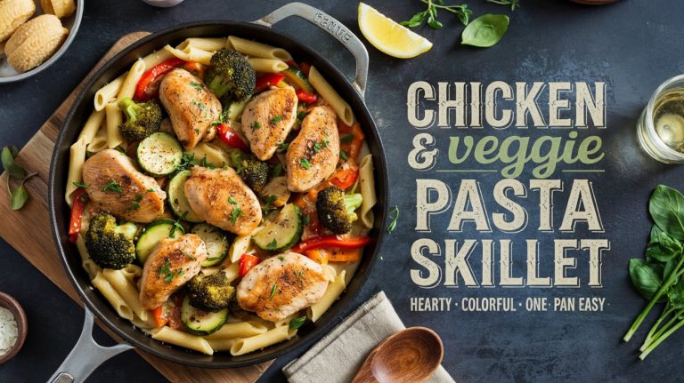 Chicken & Veggie Pasta Skillet 🍗🥦🧄🍝 One-Pan, Saucy, and Loaded With Sautéed Veggies and Seared Chicken