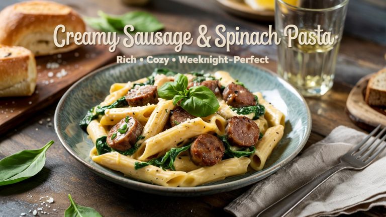 Creamy Sausage & Spinach Pasta 🥩🌿🧄🍝 Hearty, Garlicky, and Coated in a Silky Parmesan Cream Sauce With a Fresh Spinach Finish