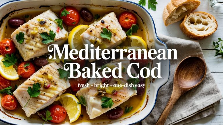 Mediterranean Baked Cod 🐟🍅🫒 Flaky White Fish Baked in a Juicy Tomato, Olive, and Herb Sauce With Garlic and Citrus Zing