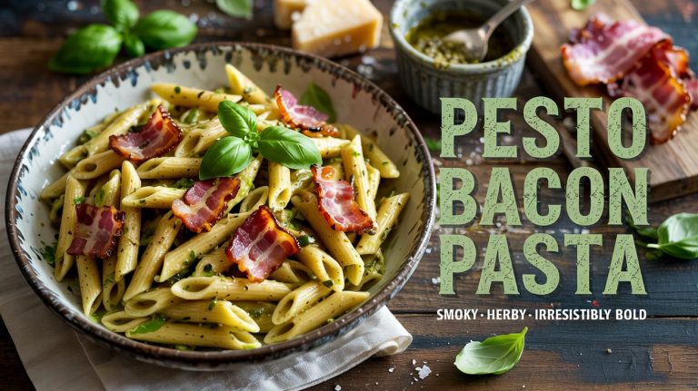 Pesto Bacon Pasta 🥓🌿🧄🍝 Smoky, Garlicky, and Packed With Herb-Rich Flavor in Every Bite