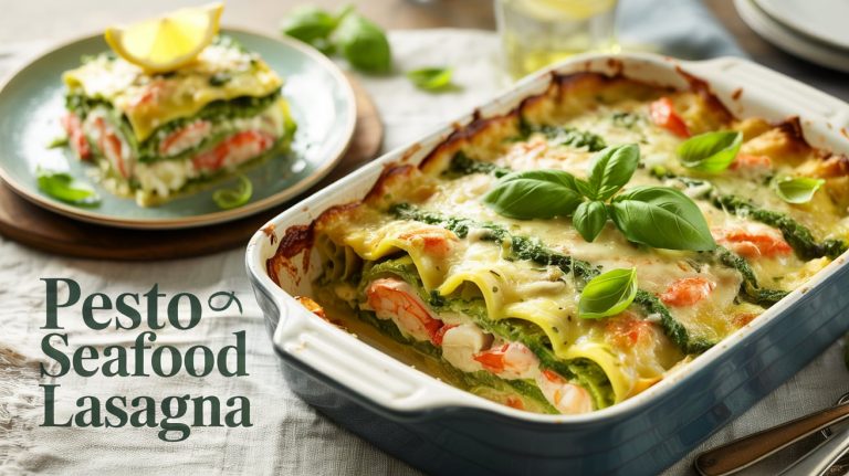 Pesto Seafood Lasagna 🌿🦐🧀 Fresh Basil Pesto, Creamy Sauce, and Delicate Seafood in a Lush Green Lasagna That Feels Like Coastal Summer