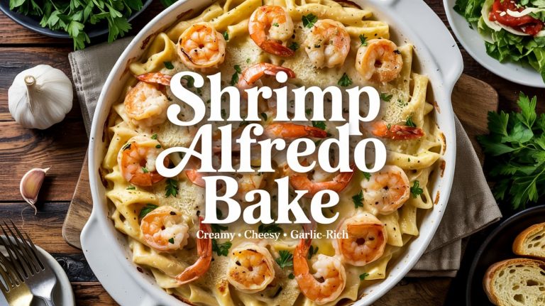 Shrimp Alfredo Bake 🍤🧄🧀 Creamy, Garlicky, and Oven-Baked With Tender Pasta and Juicy Shrimp Under a Golden Cheese Crust